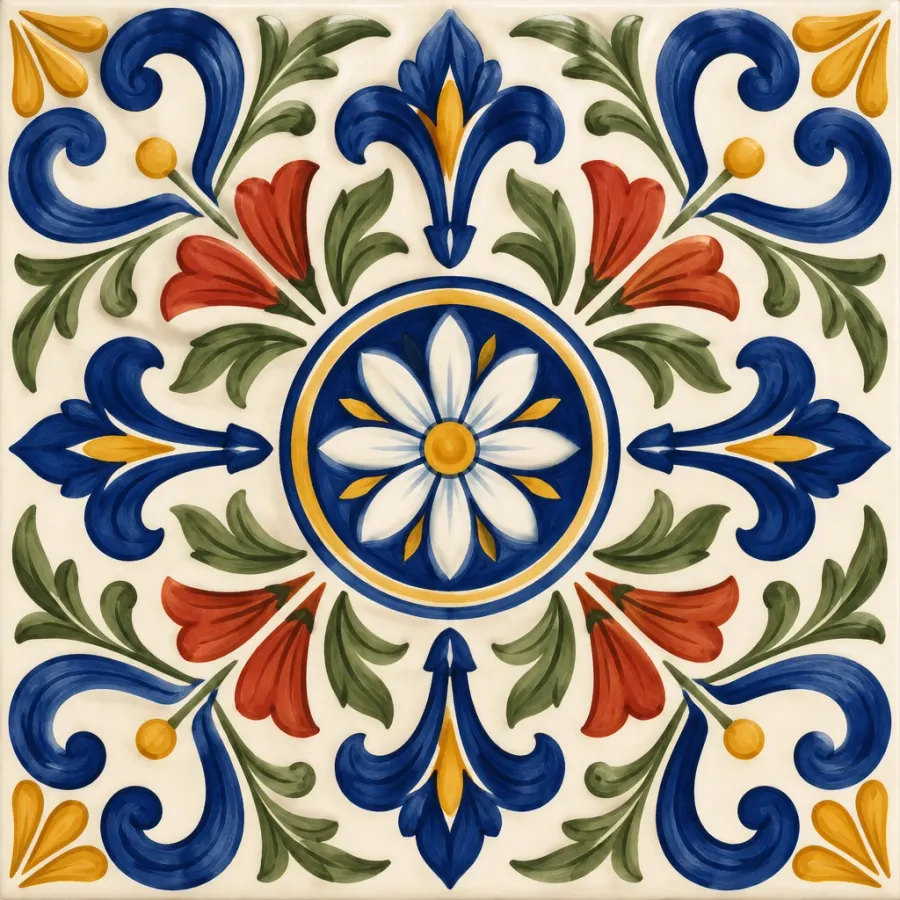 Hand-painted Italian ceramic rosette in CIAP's cobalt, ivory, terracotta and olive colors